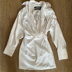 Jacquemus La Robe Agui Halter Knot Shirt Cotton Long Sleeve Mini Dress White